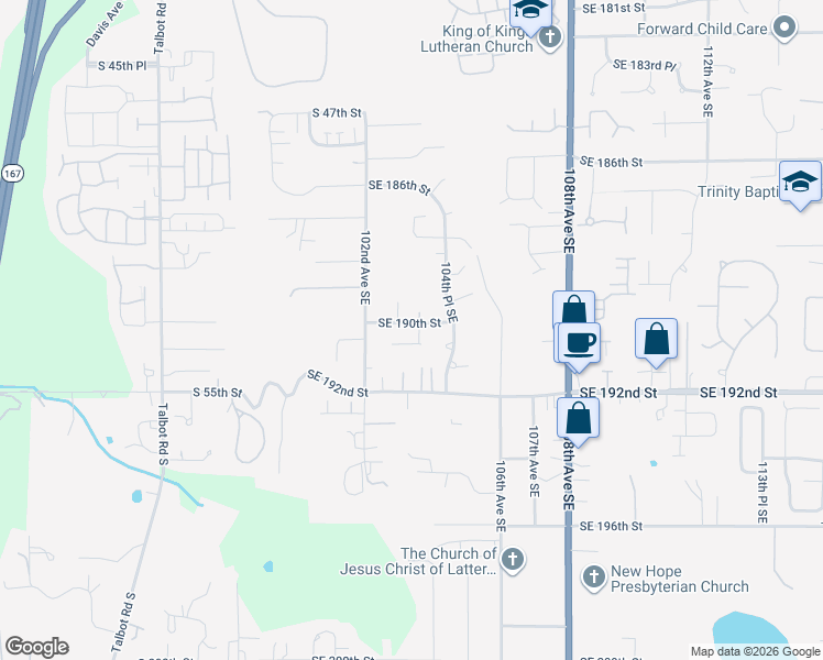 map of restaurants, bars, coffee shops, grocery stores, and more near 19005 103rd Place Southeast in Renton