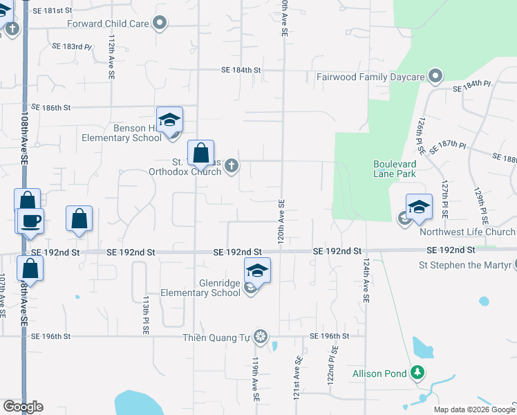 map of restaurants, bars, coffee shops, grocery stores, and more near 11818 Southeast 191 Street in Renton