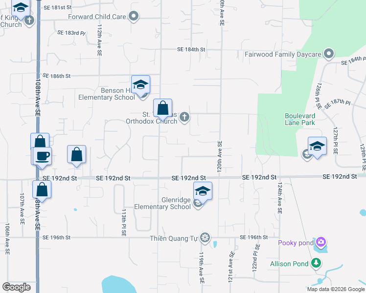 map of restaurants, bars, coffee shops, grocery stores, and more near 11725 Southeast 191 Street in Renton