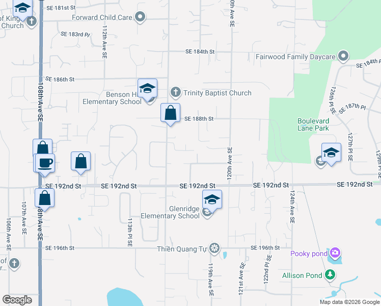 map of restaurants, bars, coffee shops, grocery stores, and more near 11725 Southeast 191 Street in Renton