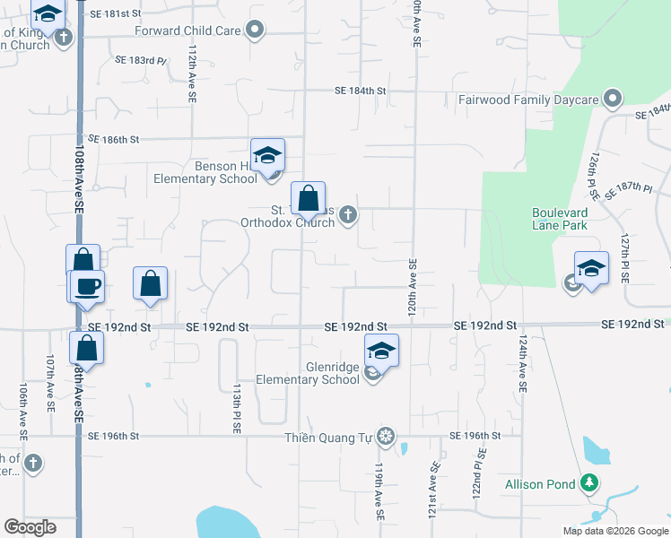 map of restaurants, bars, coffee shops, grocery stores, and more near 19101 117th Place Southeast in Renton