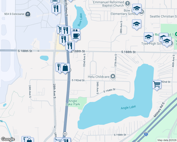 map of restaurants, bars, coffee shops, grocery stores, and more near 19107 33rd Avenue South in SeaTac