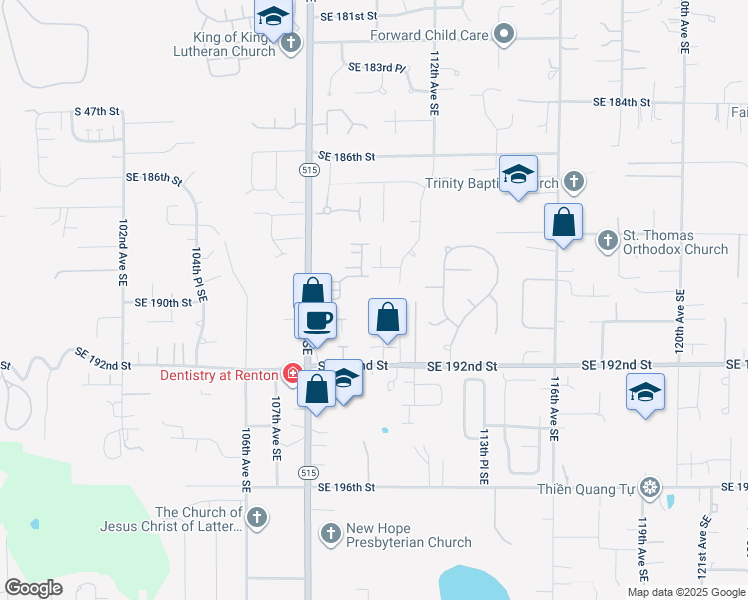 map of restaurants, bars, coffee shops, grocery stores, and more near 19168 110th Place Southeast in Renton