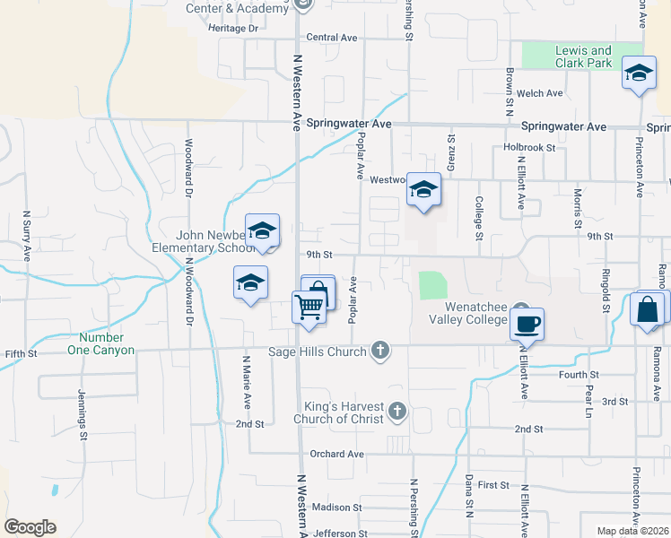 map of restaurants, bars, coffee shops, grocery stores, and more near 1714 9th Street in Wenatchee