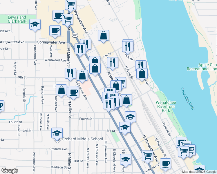 map of restaurants, bars, coffee shops, grocery stores, and more near in Wenatchee