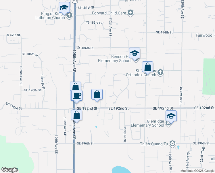 map of restaurants, bars, coffee shops, grocery stores, and more near 18905 112th Place Southeast in Renton