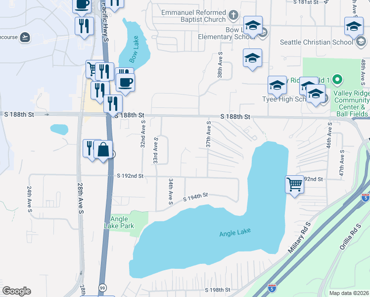 map of restaurants, bars, coffee shops, grocery stores, and more near 17425 34th Place South in SeaTac
