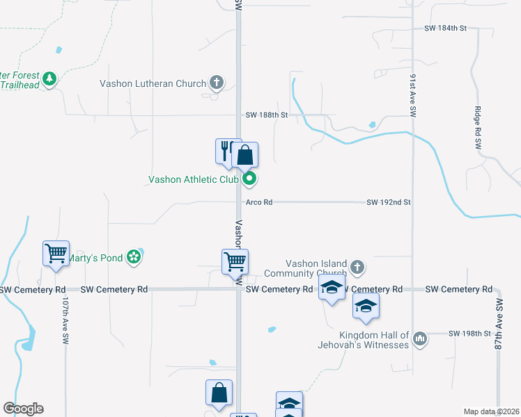 map of restaurants, bars, coffee shops, grocery stores, and more near 9733 Southwest 192nd Street in Vashon