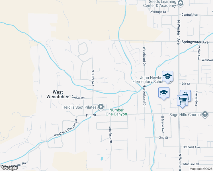 map of restaurants, bars, coffee shops, grocery stores, and more near 2206 Sandy Brooke in Wenatchee