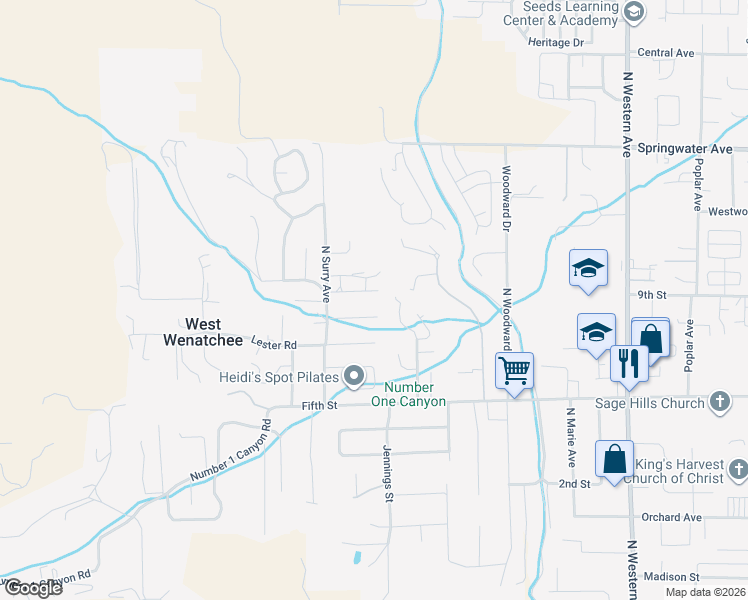 map of restaurants, bars, coffee shops, grocery stores, and more near 2206 Sandy Brooke in Wenatchee