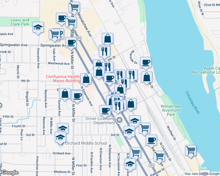 map of restaurants, bars, coffee shops, grocery stores, and more near 701 North Mission Street in Wenatchee