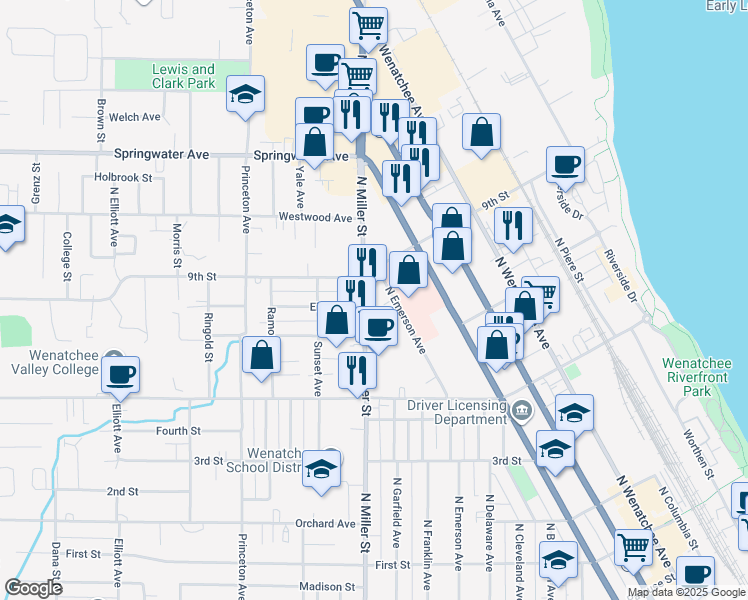 map of restaurants, bars, coffee shops, grocery stores, and more near 810 North Emerson Avenue in Wenatchee