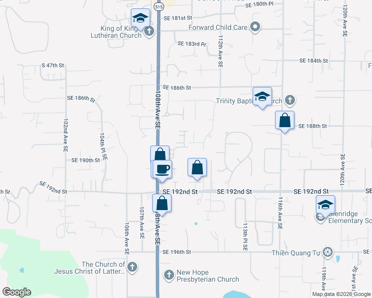 map of restaurants, bars, coffee shops, grocery stores, and more near 18900 108th Lane Southeast in Renton
