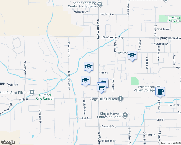 map of restaurants, bars, coffee shops, grocery stores, and more near 850 North Western Avenue in Wenatchee