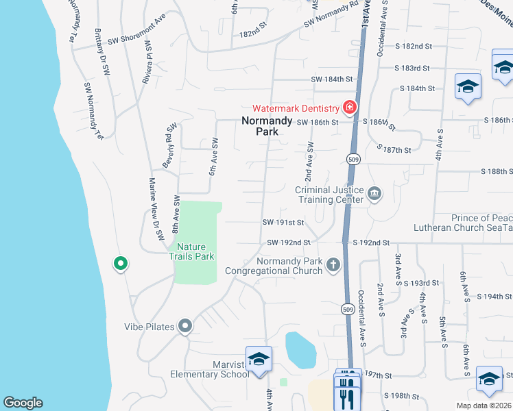 map of restaurants, bars, coffee shops, grocery stores, and more near 19005 4th Ave SW in Normandy Park
