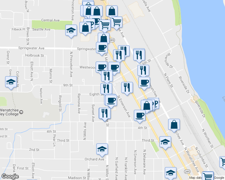 map of restaurants, bars, coffee shops, grocery stores, and more near 810 North Emerson Avenue in Wenatchee