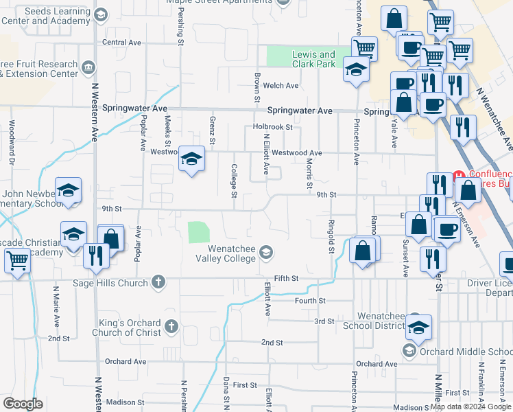 map of restaurants, bars, coffee shops, grocery stores, and more near 1402 9th Street in Wenatchee