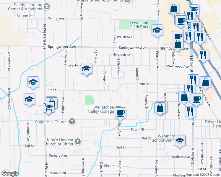 map of restaurants, bars, coffee shops, grocery stores, and more near 1402 9th Street in Wenatchee
