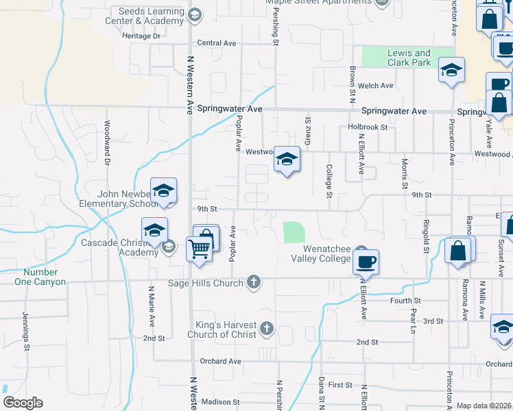 map of restaurants, bars, coffee shops, grocery stores, and more near 1603 Fairview Avenue in Wenatchee
