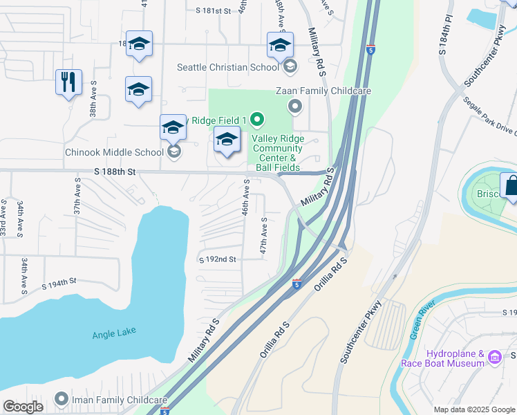 map of restaurants, bars, coffee shops, grocery stores, and more near 18917 47th Avenue South in SeaTac