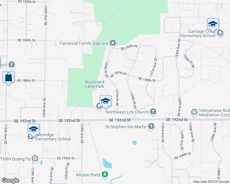 map of restaurants, bars, coffee shops, grocery stores, and more near 18904 127th Place Southeast in Renton