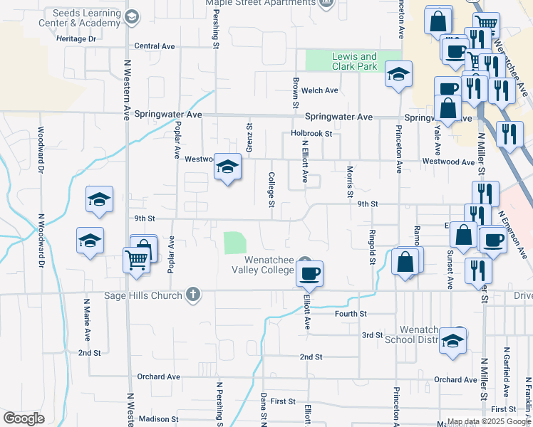 map of restaurants, bars, coffee shops, grocery stores, and more near 902 College Street in Wenatchee