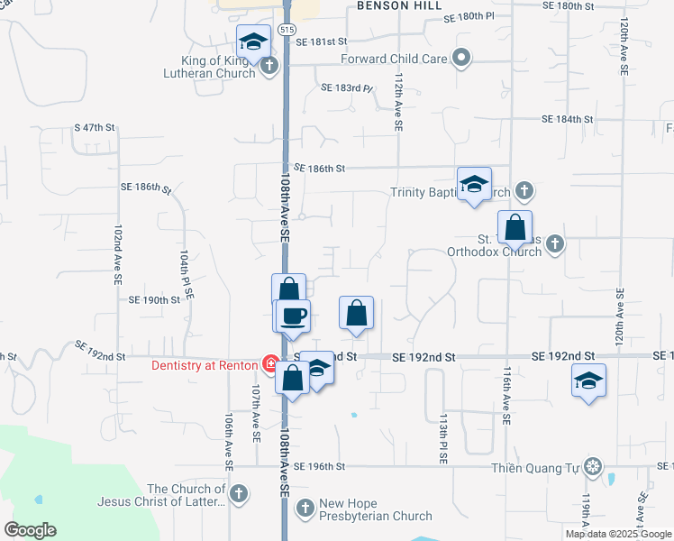 map of restaurants, bars, coffee shops, grocery stores, and more near 18900 108th Lane Southeast in Renton