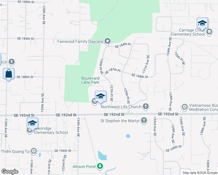 map of restaurants, bars, coffee shops, grocery stores, and more near 12545 Southeast 188th Place in Renton