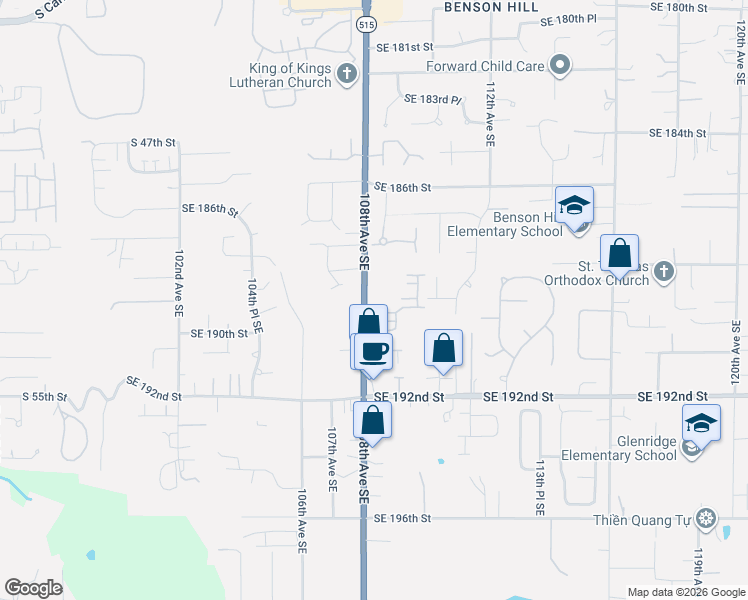 map of restaurants, bars, coffee shops, grocery stores, and more near 18830 108th Avenue Southeast in Renton