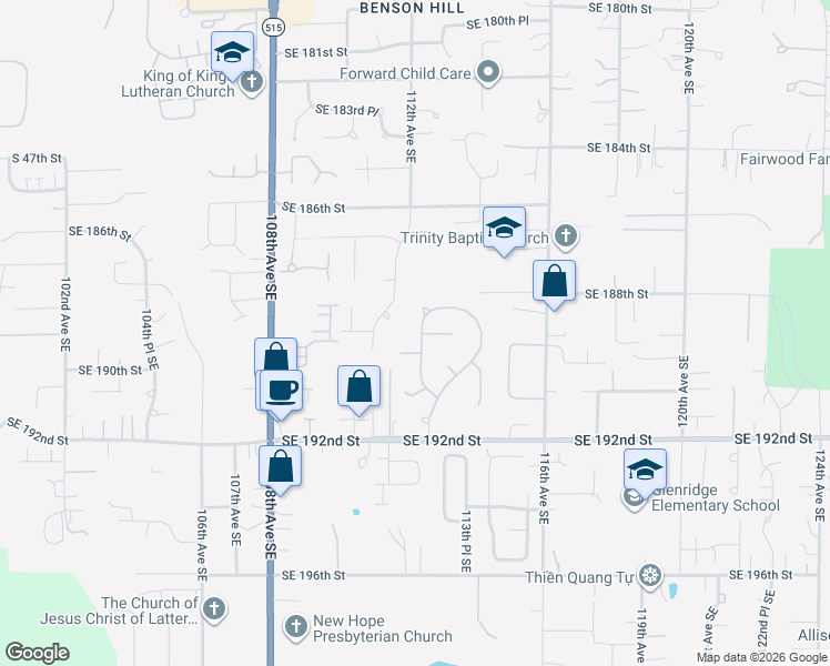 map of restaurants, bars, coffee shops, grocery stores, and more near 18905 112th Place Southeast in Renton