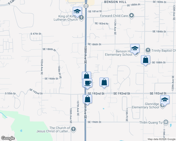 map of restaurants, bars, coffee shops, grocery stores, and more near 18830 108th Avenue Southeast in Renton
