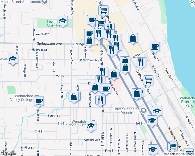 map of restaurants, bars, coffee shops, grocery stores, and more near 1017 9th Street in Wenatchee