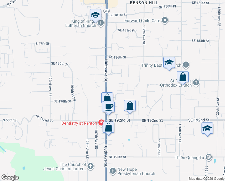 map of restaurants, bars, coffee shops, grocery stores, and more near 18828 108th Avenue Southeast in Renton