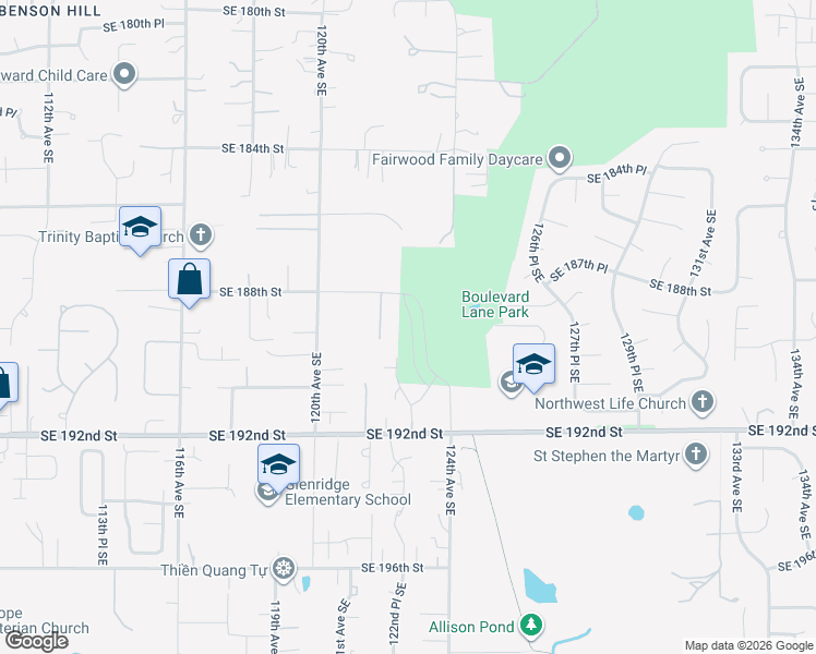 map of restaurants, bars, coffee shops, grocery stores, and more near 12139 Southeast 188th Street in Renton