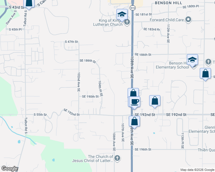 map of restaurants, bars, coffee shops, grocery stores, and more near 10426 Southeast 189th Court in Renton