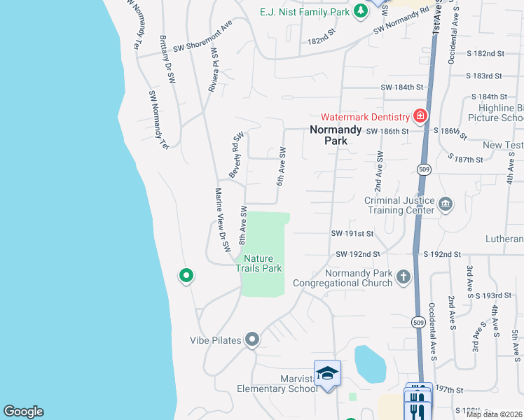 map of restaurants, bars, coffee shops, grocery stores, and more near 609 Southwest 189 Street in Normandy Park