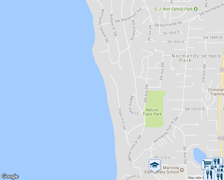 map of restaurants, bars, coffee shops, grocery stores, and more near 18901 Edgecliff Drive Southwest in Normandy Park