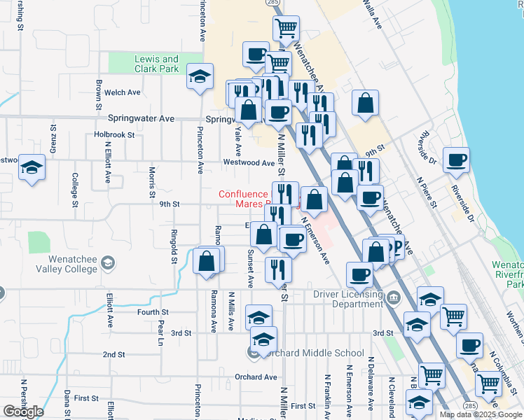 map of restaurants, bars, coffee shops, grocery stores, and more near 1023 9th Street in Wenatchee