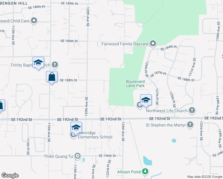 map of restaurants, bars, coffee shops, grocery stores, and more near 12139 Southeast 188th Street in Renton