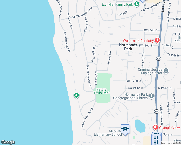map of restaurants, bars, coffee shops, grocery stores, and more near 18940 Marine View Drive Southwest in Normandy Park