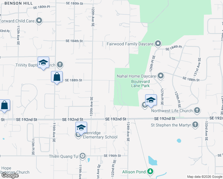 map of restaurants, bars, coffee shops, grocery stores, and more near 12139 Southeast 188th Street in Renton