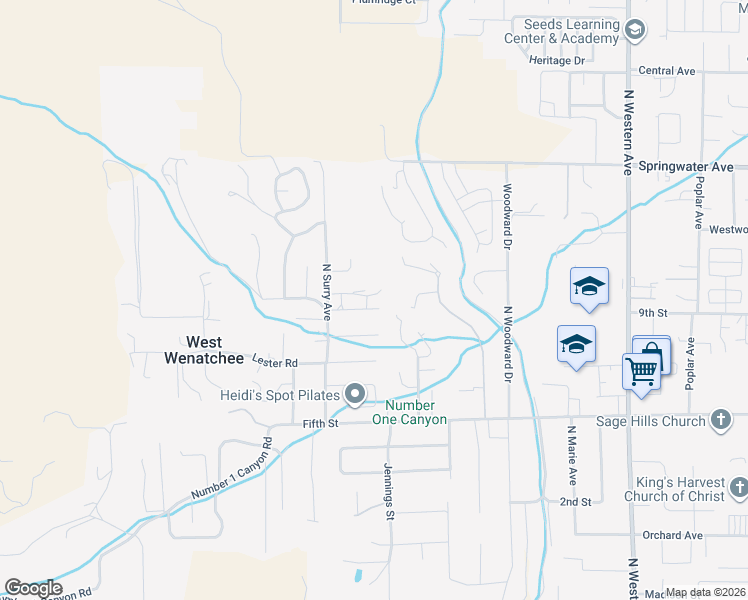 map of restaurants, bars, coffee shops, grocery stores, and more near 2206 Sandy Brooke in Wenatchee