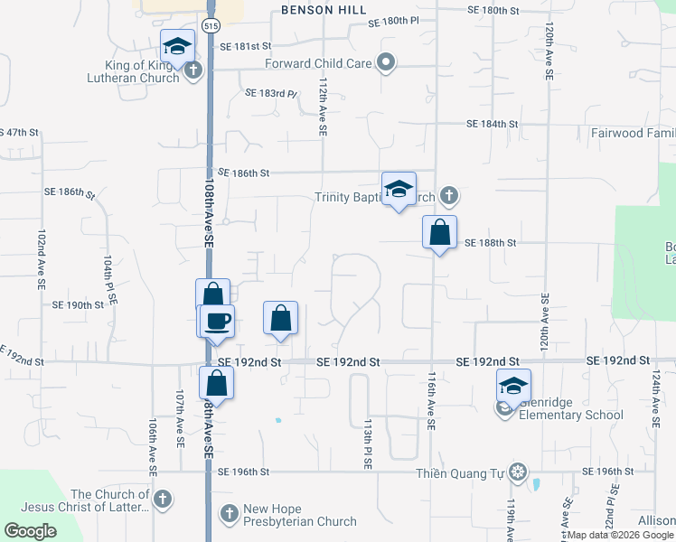 map of restaurants, bars, coffee shops, grocery stores, and more near 18905 112th Place Southeast in Renton