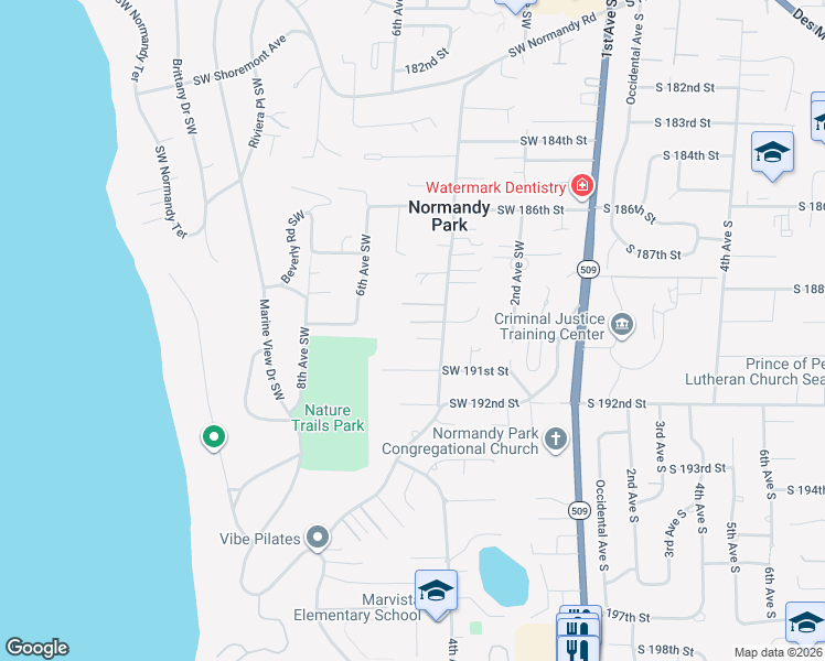 map of restaurants, bars, coffee shops, grocery stores, and more near 19005 4th Avenue Southwest in Normandy Park
