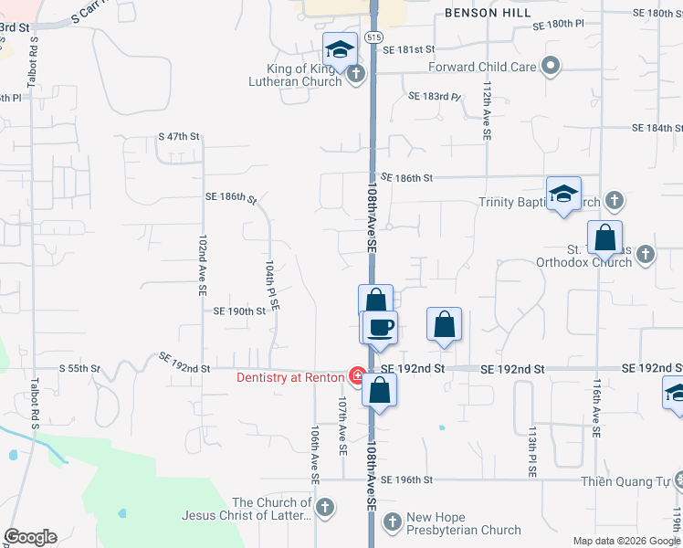map of restaurants, bars, coffee shops, grocery stores, and more near 10711 Southeast 188th Street in Renton