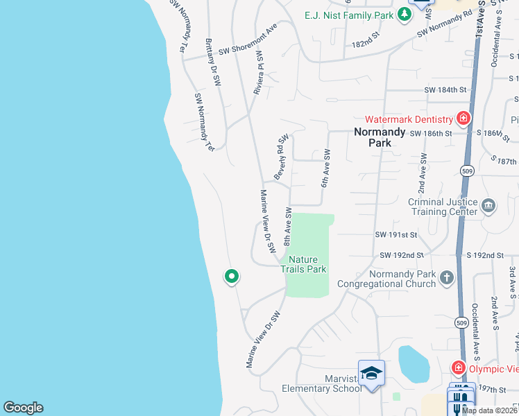 map of restaurants, bars, coffee shops, grocery stores, and more near 18940 Marine View Drive Southwest in Normandy Park