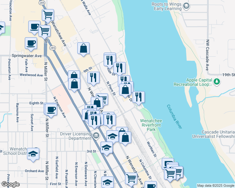 map of restaurants, bars, coffee shops, grocery stores, and more near 615 North Piere Street in Wenatchee