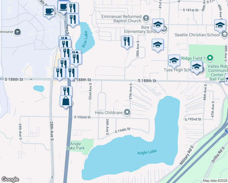 map of restaurants, bars, coffee shops, grocery stores, and more near 17425 34th Place South in SeaTac