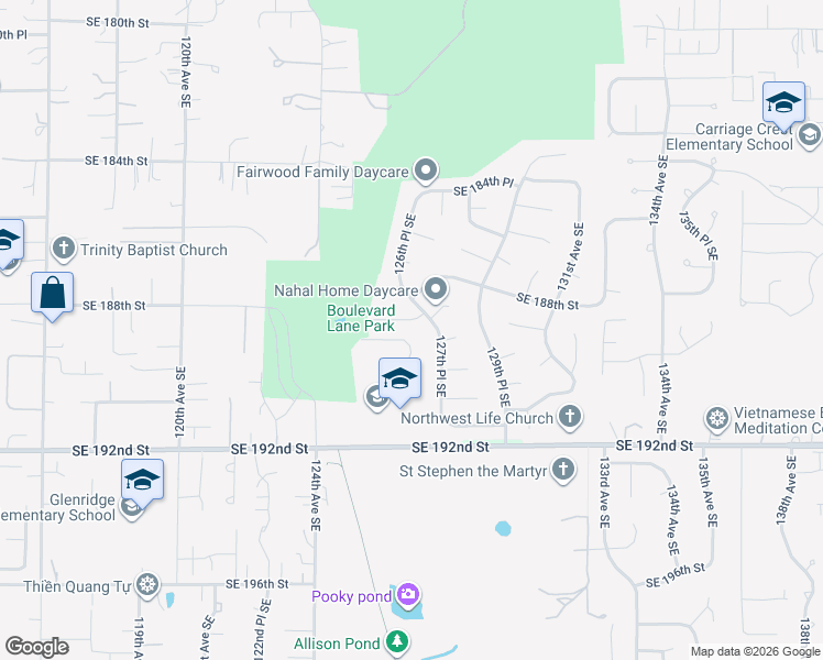 map of restaurants, bars, coffee shops, grocery stores, and more near 12545 Southeast 188th Place in Renton