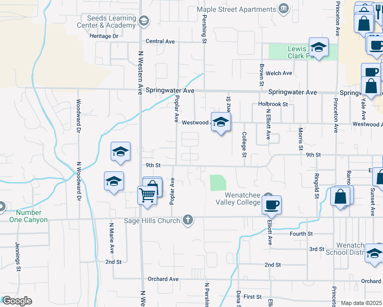 map of restaurants, bars, coffee shops, grocery stores, and more near 1603 Fairview Avenue in Wenatchee